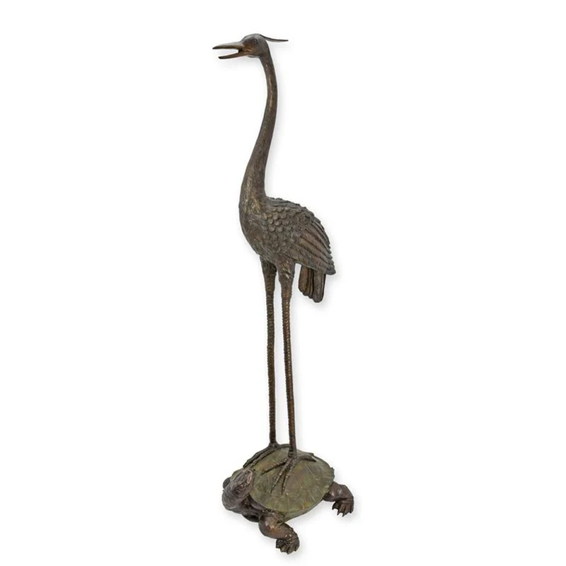 Casa Padrino Luxus Bronze Brunnen Reiher auf Schildkröte Bronze / Grün 60 x 45 x H. 175 cm - Gartenbrunnen - Wasserspiel - Gartendeko