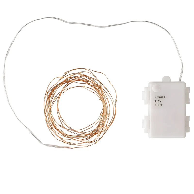 Batteriebetriebene 50er Mikro-LED-Lichterkette auf Kupferdraht in Warmweiß für Innen & Außen