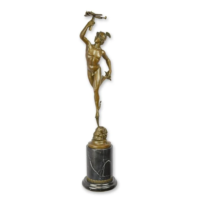 Casa Padrino Luxus Bronzefigur Merkur mit Flugzeug Bronze / Schwarz 15,1 x 24,5 x H. 71,8 cm - Bronze Skulptur mit Marmorsockel - Merkur Deko Figur - Luftfahrt Deko