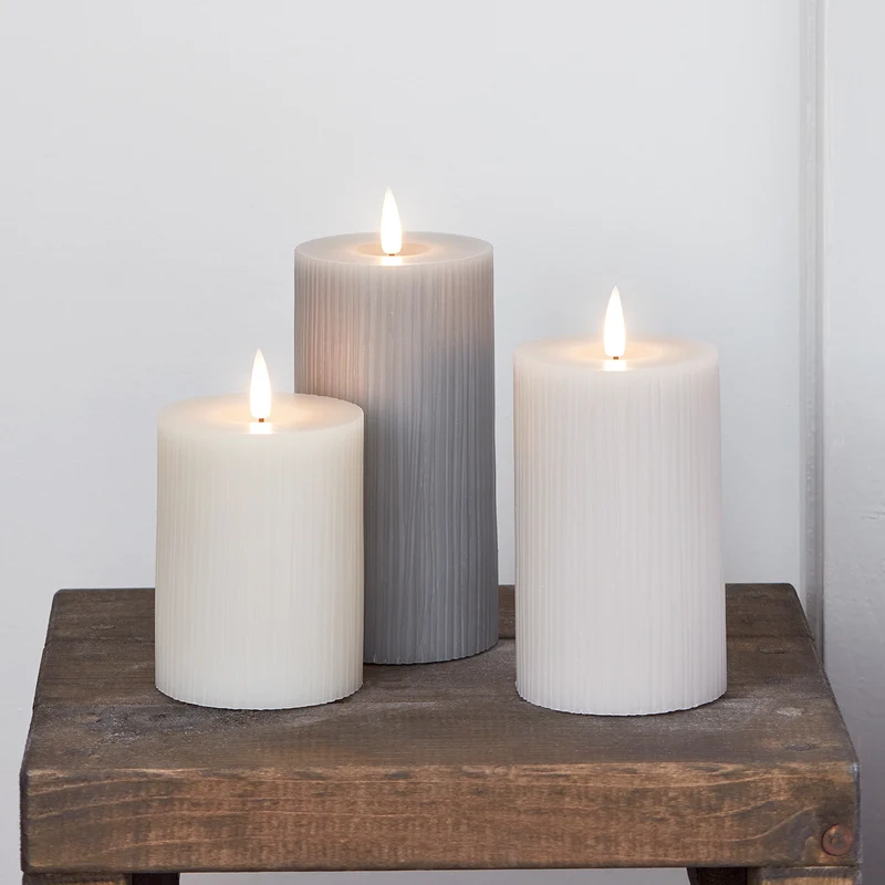 TruGlow® LED Kerzen Echtwachs Trio geriffelt grau