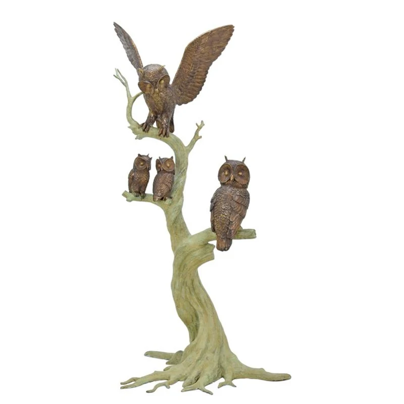 Casa Padrino Luxus Bronze Skulptur Eulenfamilie auf Baum Bronze / Grün 120 x H. 189 cm - Große Bronzefigur - Deko Figur