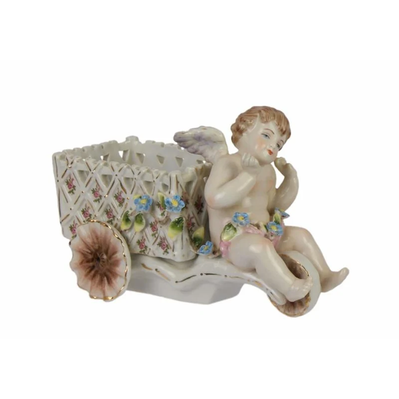 Casa Padrino Luxus Porzellan Putto mit Blumenkarren Weiß / Rosa / Gold 8,8 x 16,6 x H. 10,8 cm - Engel Figur - Barock Tischdeko