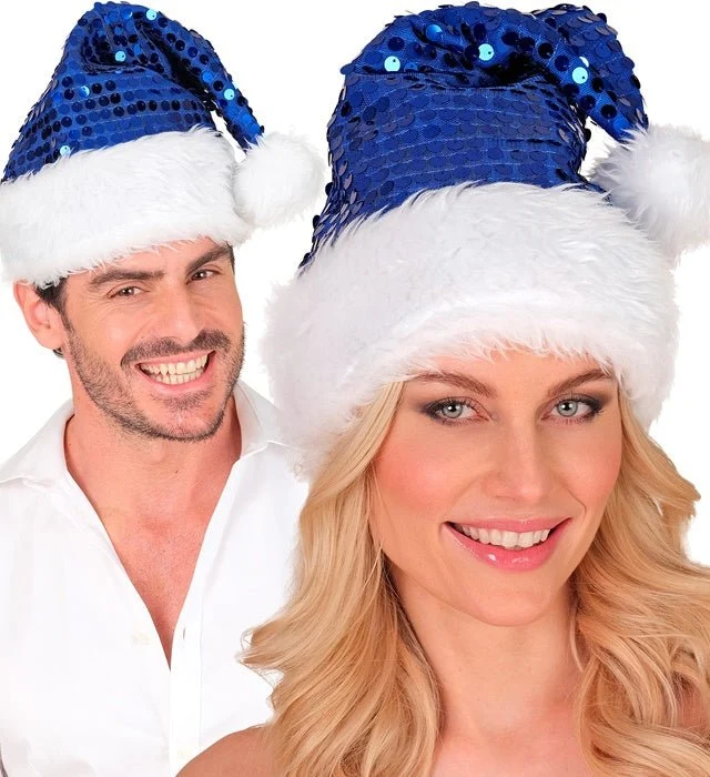 Weihnachtsmannmütze mit Pailletten, blau