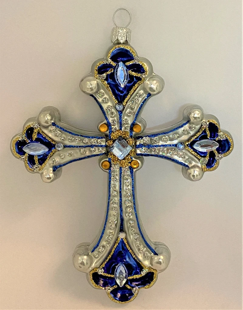 Kreuz Silber, blau mit Schmucksteinen