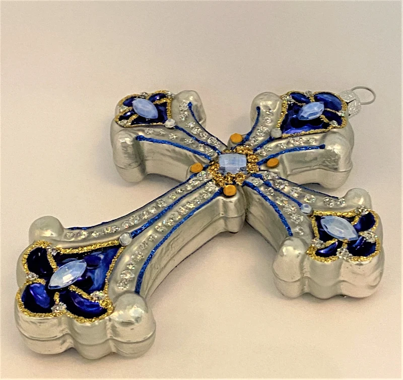 Kreuz Silber, blau mit Schmucksteinen
