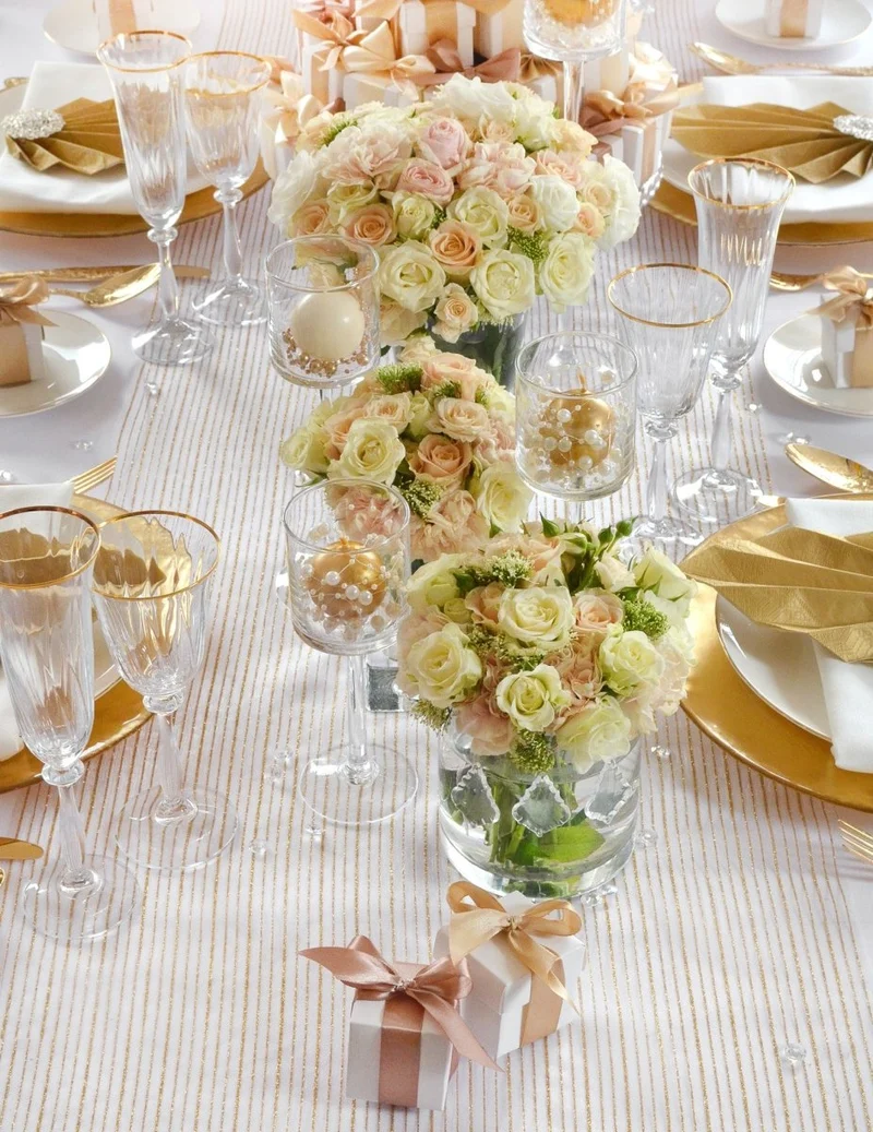 Weißer Organza-Stoff Goldstreifen 48cm 9m