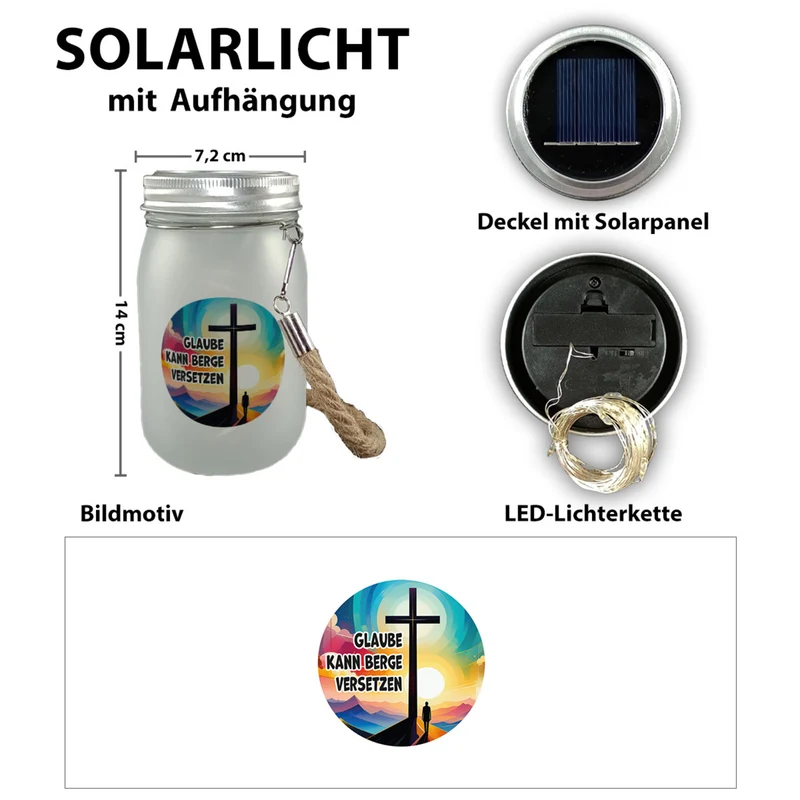 Berg mit Kreuz Solarlicht mit Spruch: Glaube kann Berge versetzen