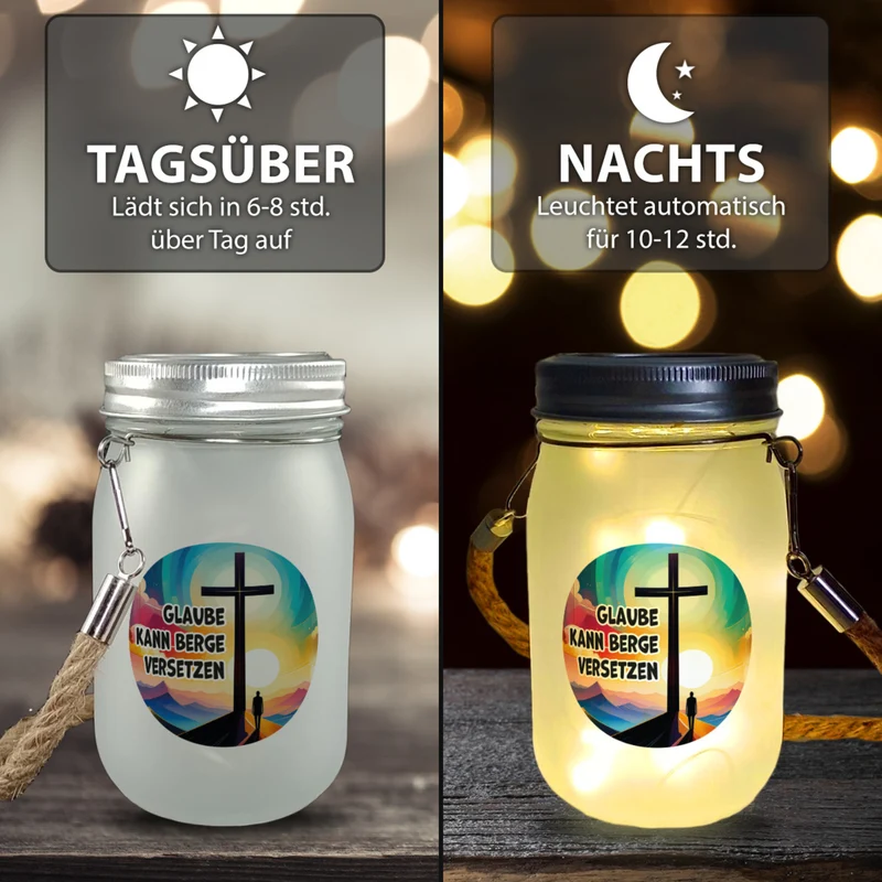 Berg mit Kreuz Solarlicht mit Spruch: Glaube kann Berge versetzen