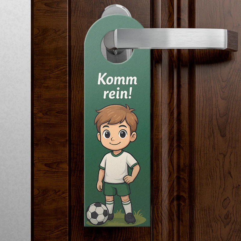 Junge mit Fußball Bleib draußen! Komm rein! Türhänger