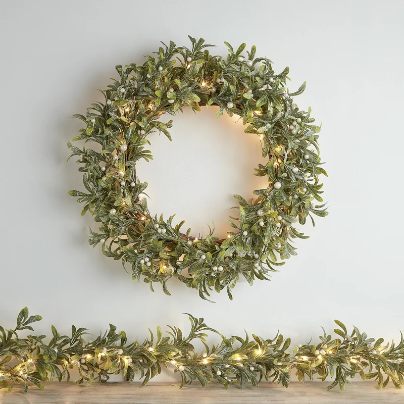 60cm Weihnachtskranz und 2m Weihnachtsgirlande Mistelzweig mit Beleuchtung