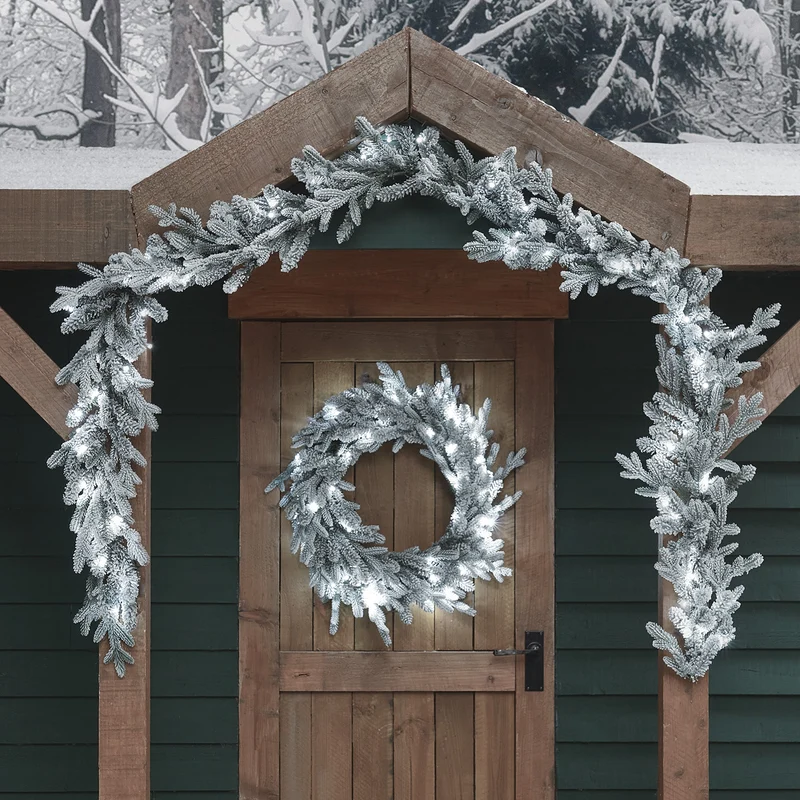 60cm verschneiter Outdoor-Kranz und 2m Weihnachtsgirlande mit Beleuchtung