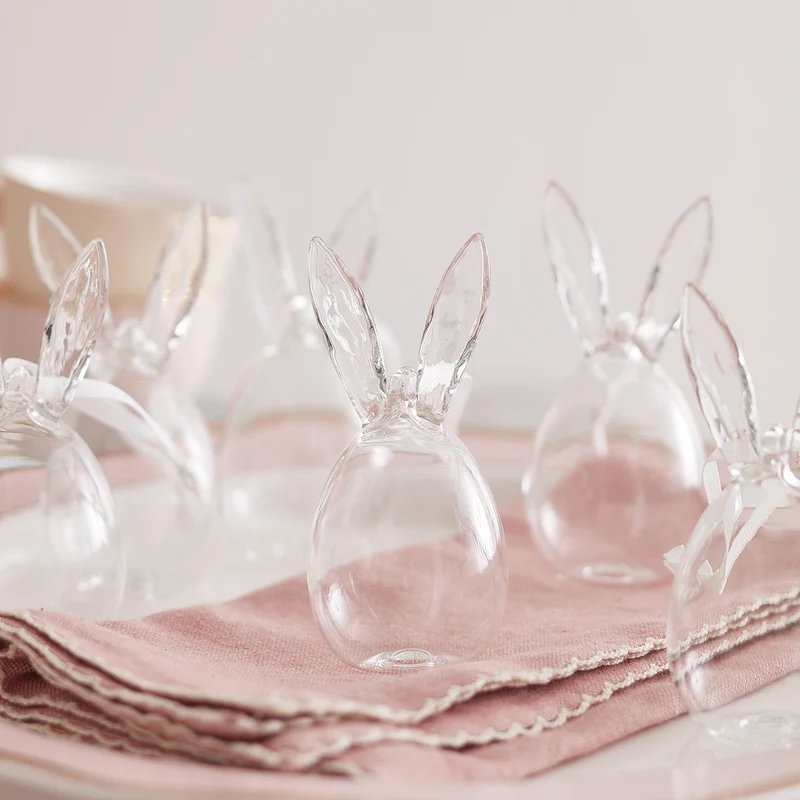 6er Set Ostereier mit Hasenohren aus Glas transparent