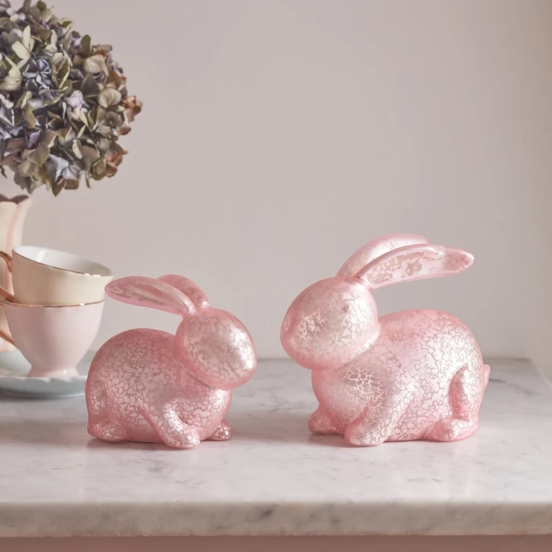 2er Set LED Osterdeko Hasen aus Glas pastellrosa