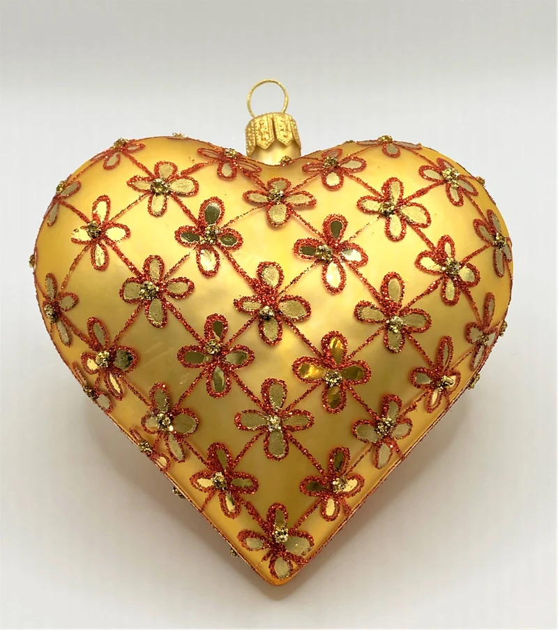 Herz gold matt mit rotem Blumen-Karomuster