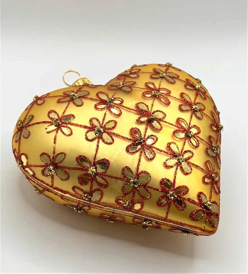 Herz gold matt mit rotem Blumen-Karomuster