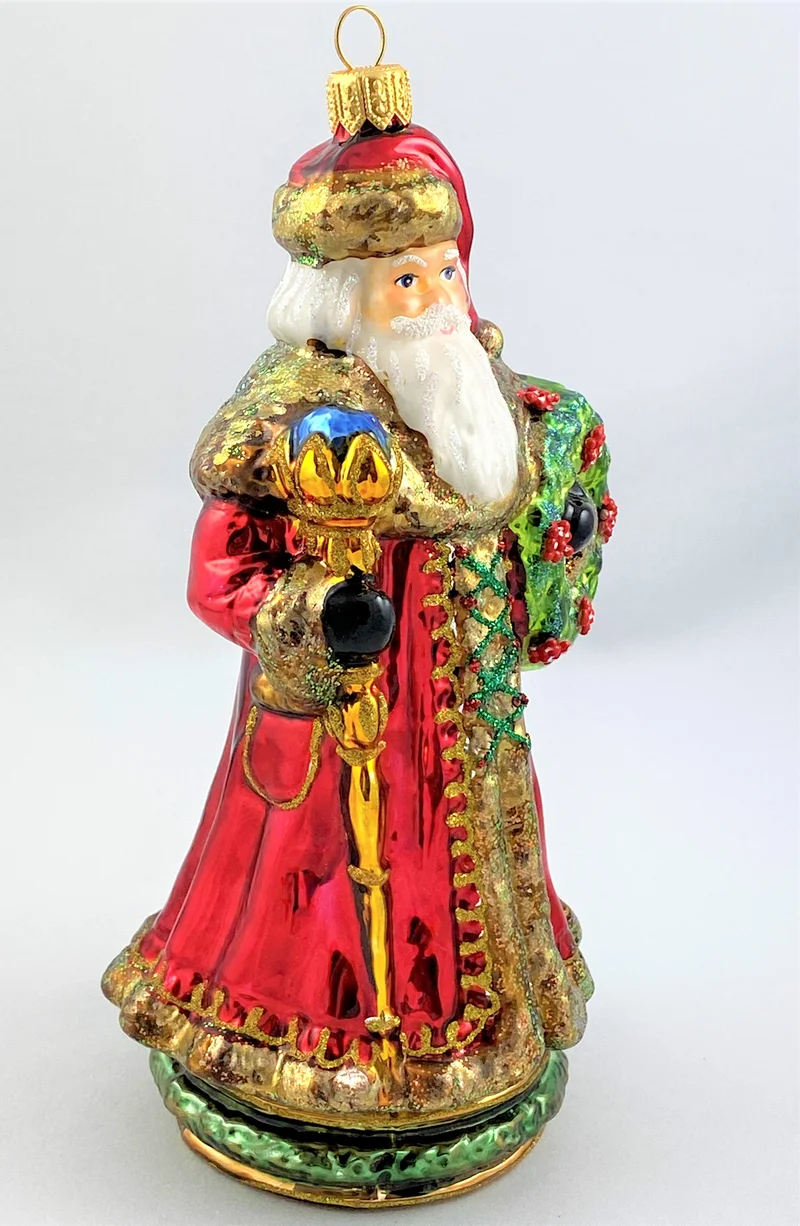 Nikolaus mit langer Mütze, Stab und grünem Kranz