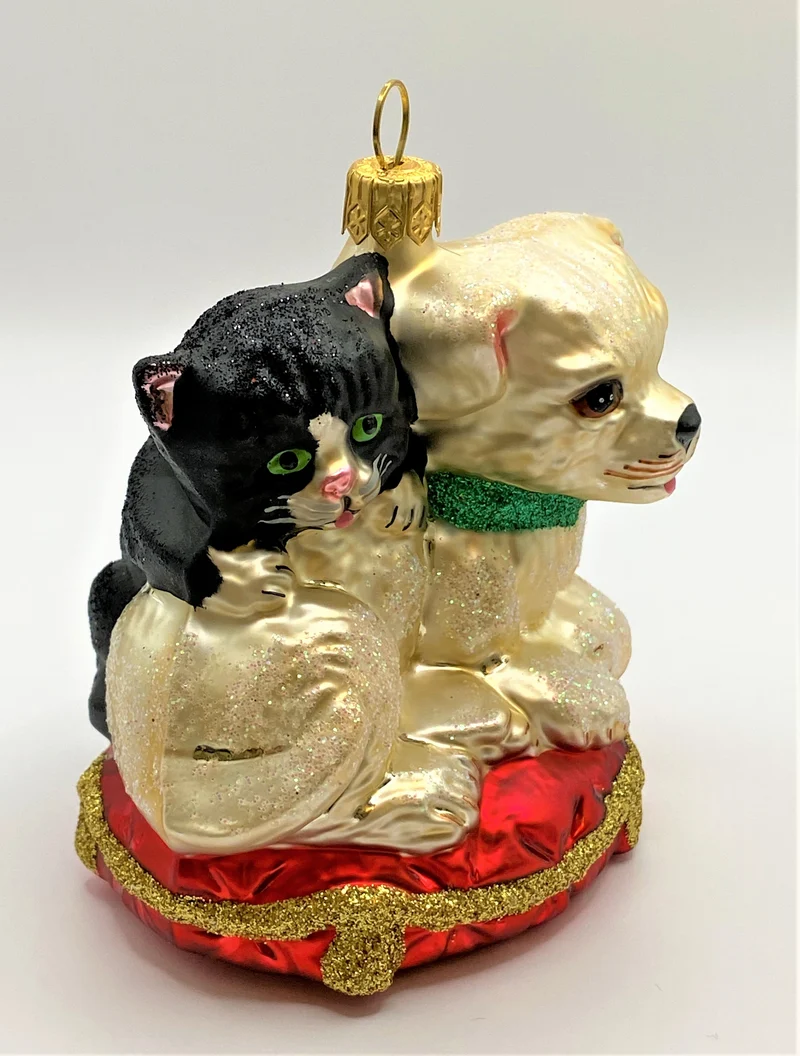 Hund und Katze spielen im Körbchen