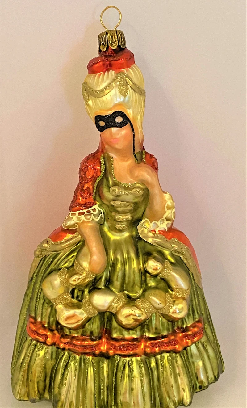 Dame in grünem Rokoko-Kleid mit venezianischer Maske, KOMOZJA MOSTOWSKI