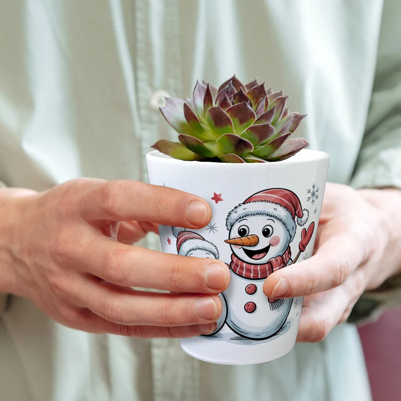 Cartoon Schneemänner Schneeflocken Blumentopf