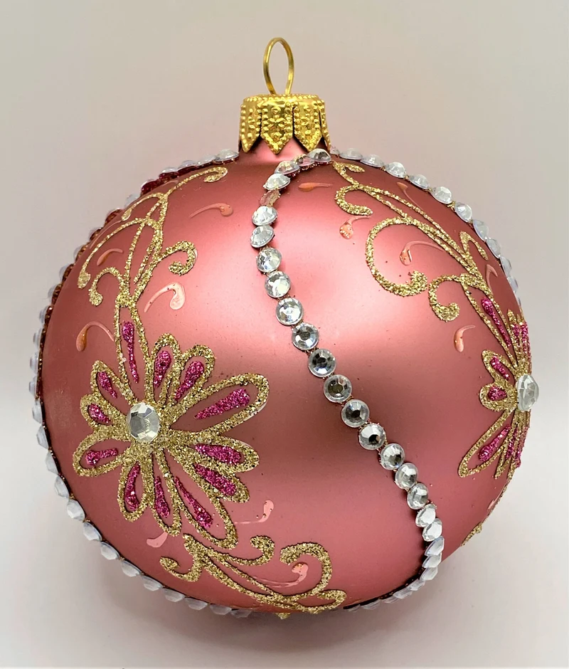 Kugel altrosa mit goldenem Ranken-Motiv und Glitzersteinen