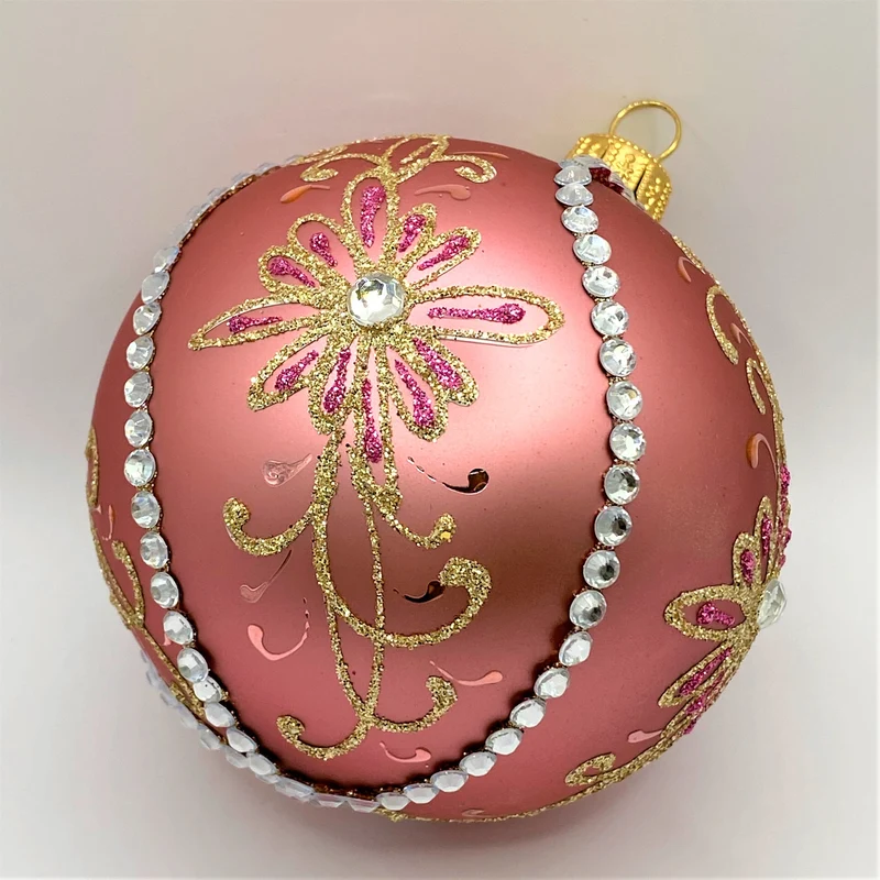 Kugel altrosa mit goldenem Ranken-Motiv und Glitzersteinen