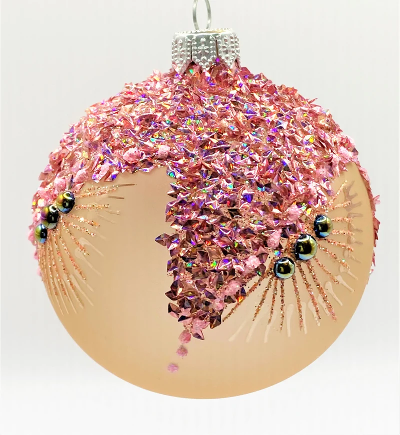 Kugel bräunlich transparent mit rosa Glitzerflocken und petrol Steinen