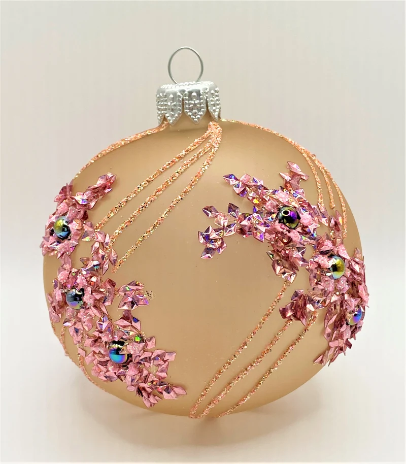 Kugel bräunlich transparent mit rosa Streifen-Dekor und Glitzerflocken