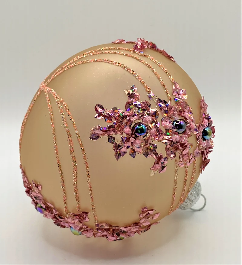 Kugel bräunlich transparent mit rosa Streifen-Dekor und Glitzerflocken