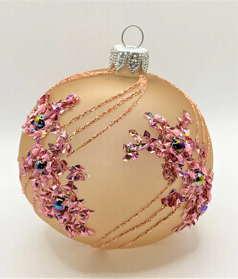 Kugel bräunlich transparent mit rosa Streifen-Dekor und Glitzerflocken