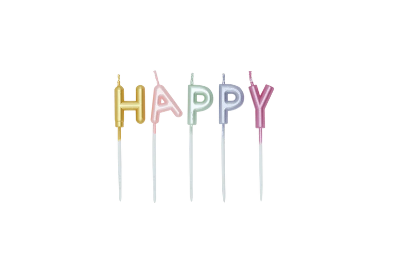 Bunte Kerzen „Happy Birthday“ in Pastelltönen