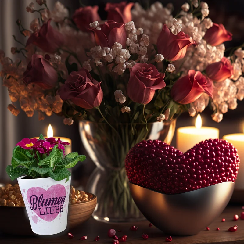 Blumenliebe mit rosa Herzen Blumentopf