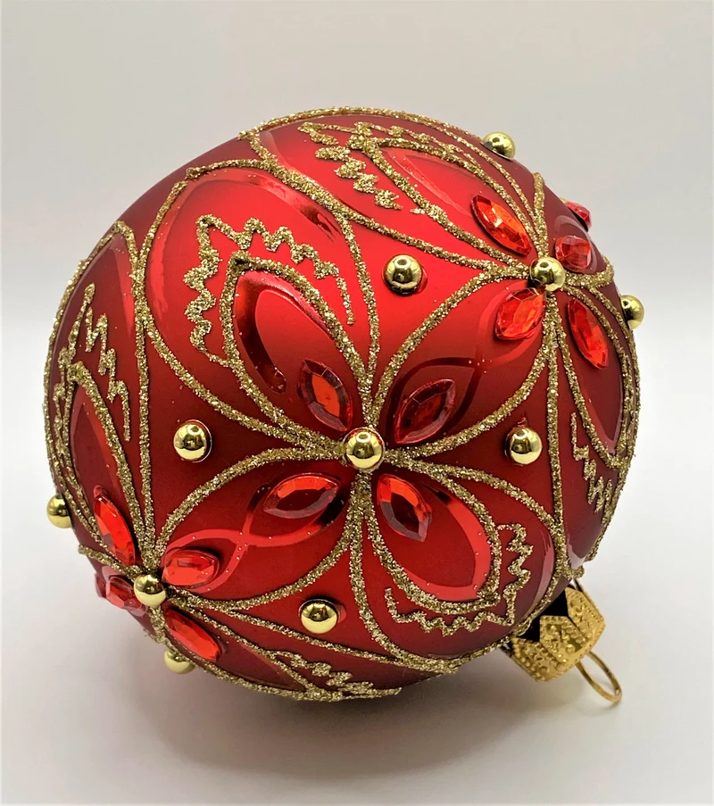Kugel rot matt mit goldenen und roten Steinen
