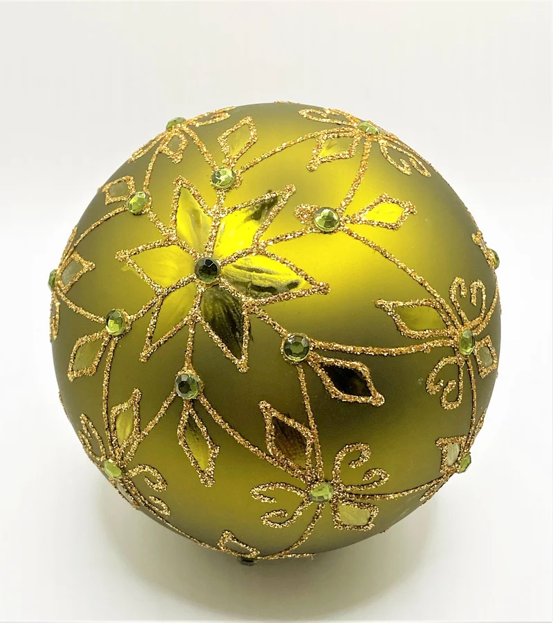 Kugel olivgrün mit Golddekor und kleinen grünen Steinen