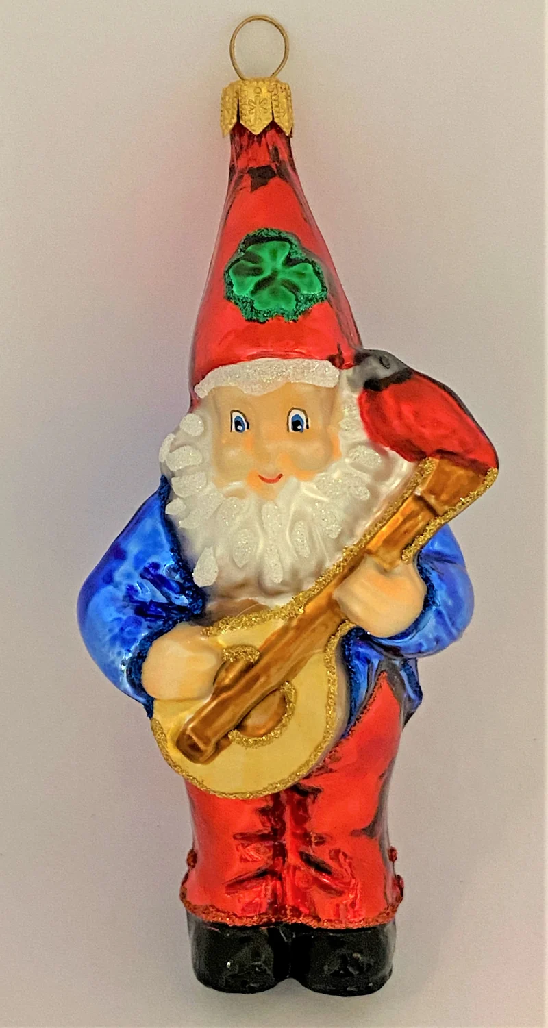 Fröhlicher Zwerg spielt Laute, blaue Jacke