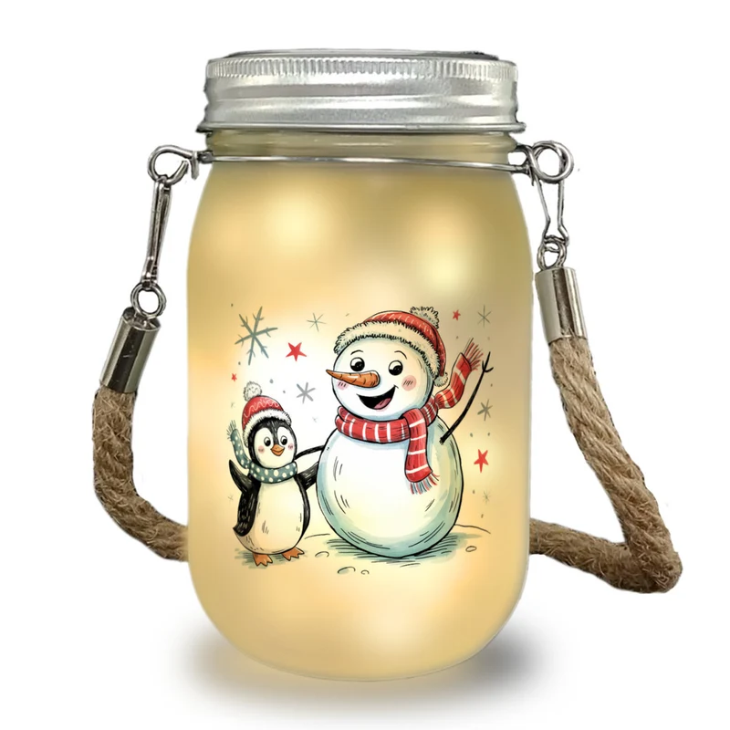 Schneemann und Pinguin mit Schneeflocken Solarlicht für Winterliebhaber