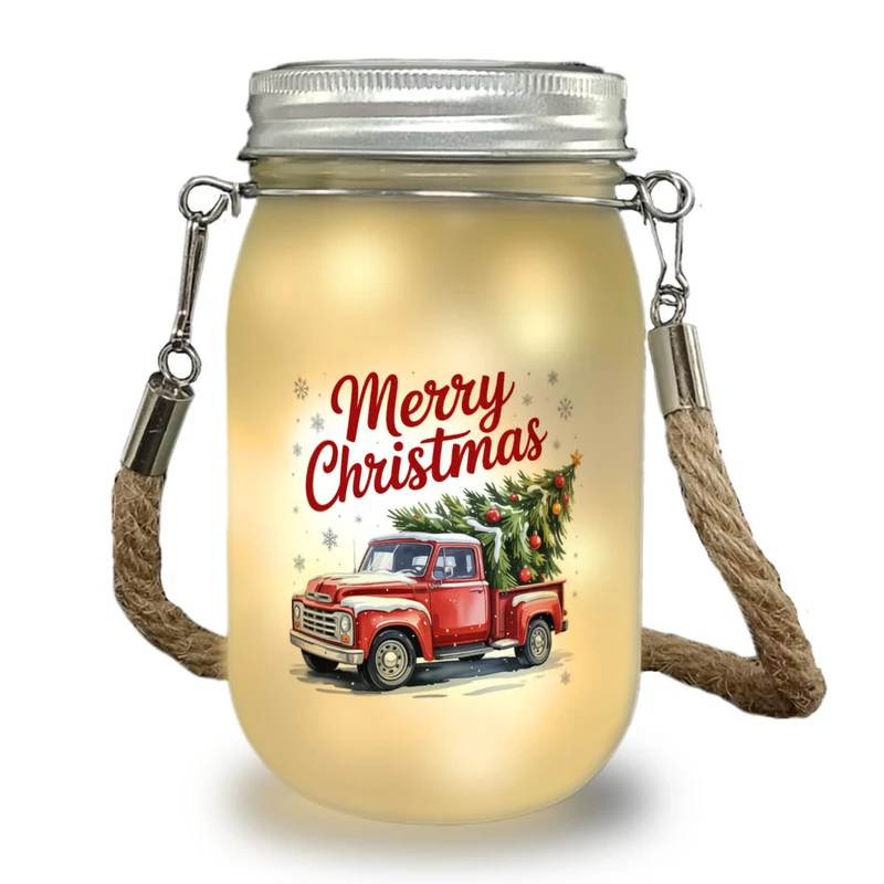 Merry Christmas Solarlicht mit Rotem Truck und Weihnachtsbaum
