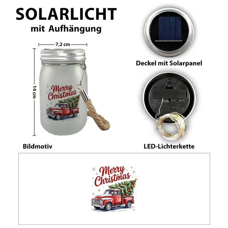 Merry Christmas Solarlicht mit Rotem Truck und Weihnachtsbaum