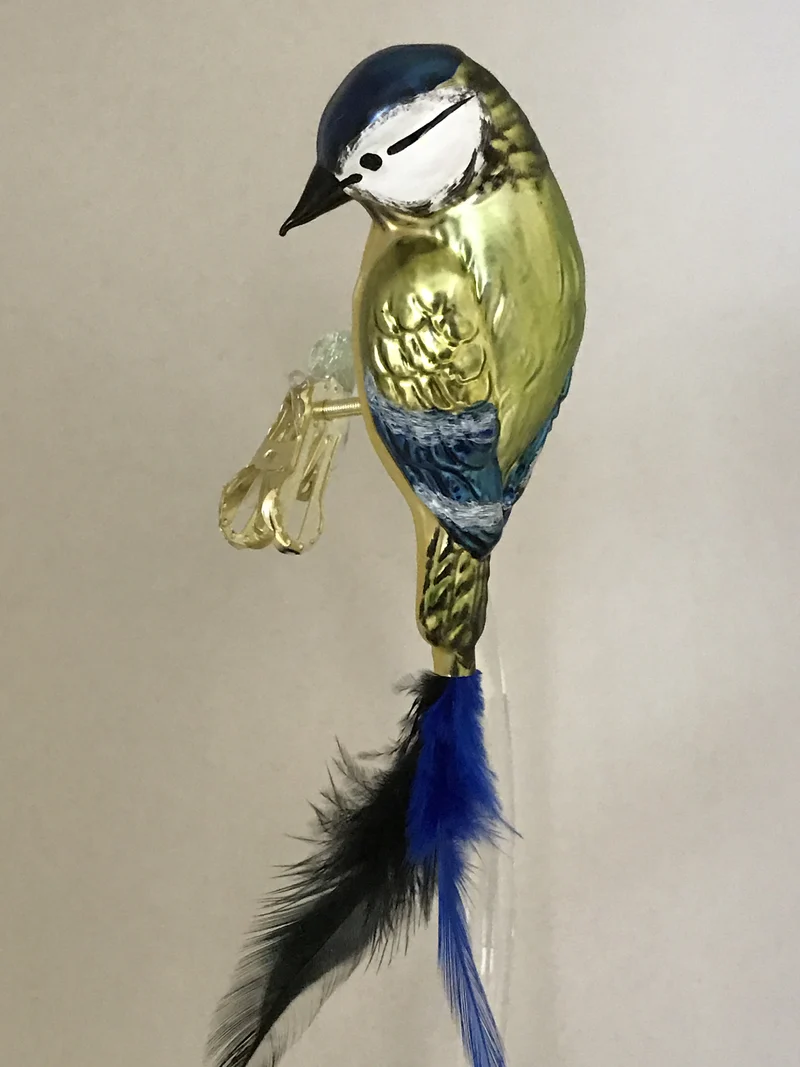 Blaumeise auf Clip mit Naturfeder