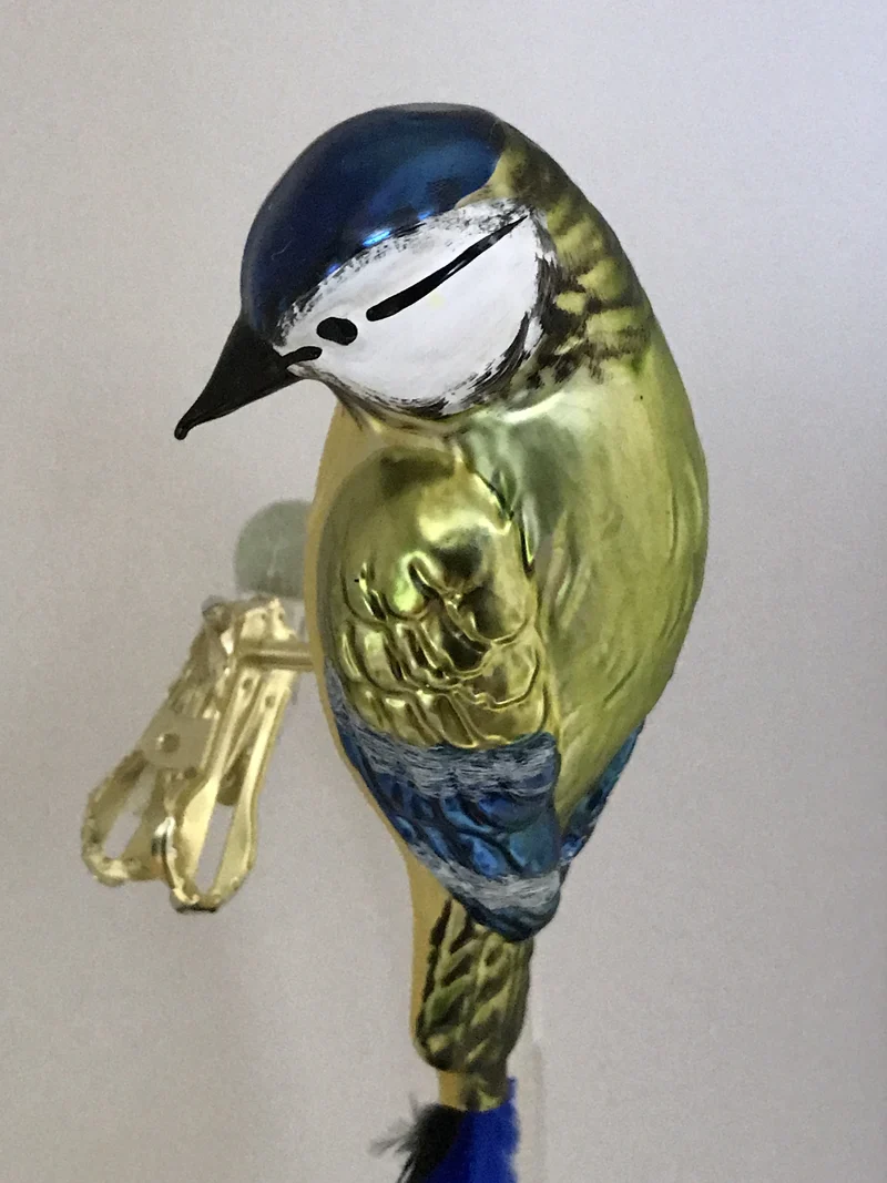 Blaumeise auf Clip mit Naturfeder