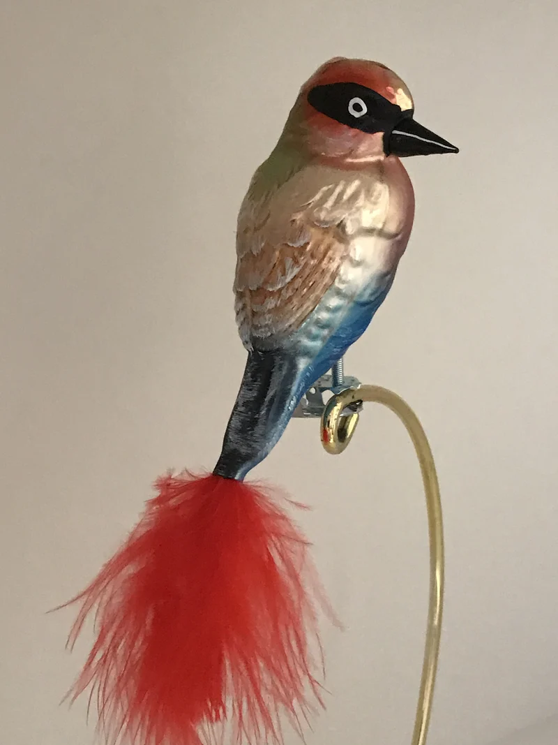Bunter Vogel auf Clip mit roter Naturfeder
