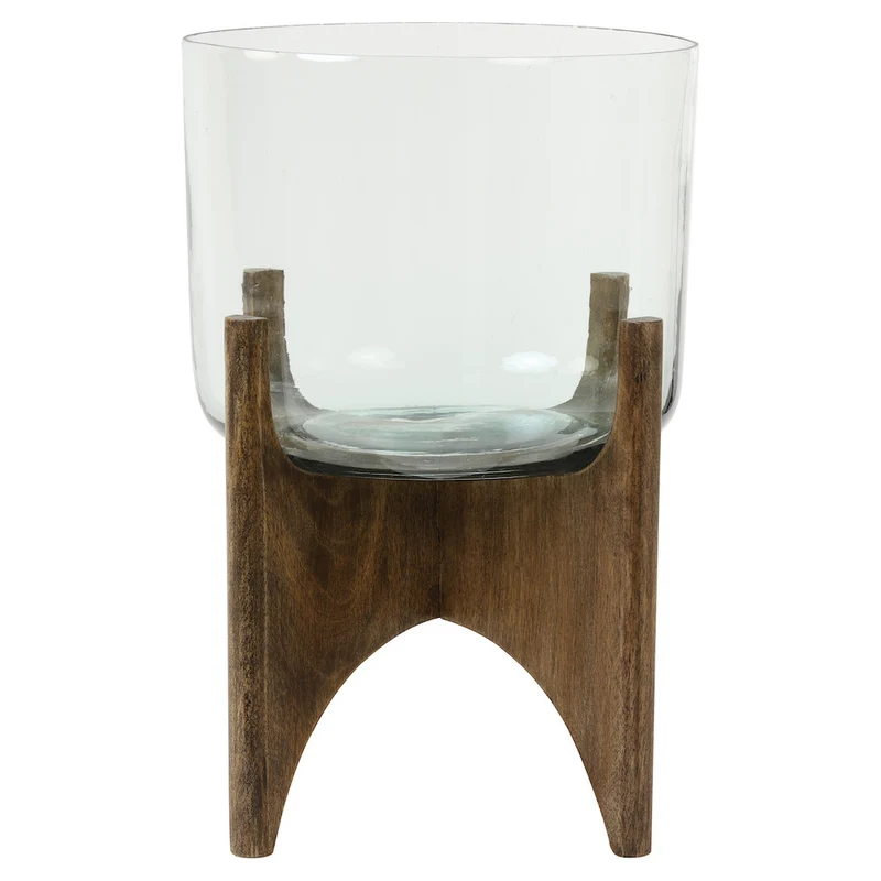 Vase auf Fuss JACE - Glas+Holz Ø31,5x29 cm