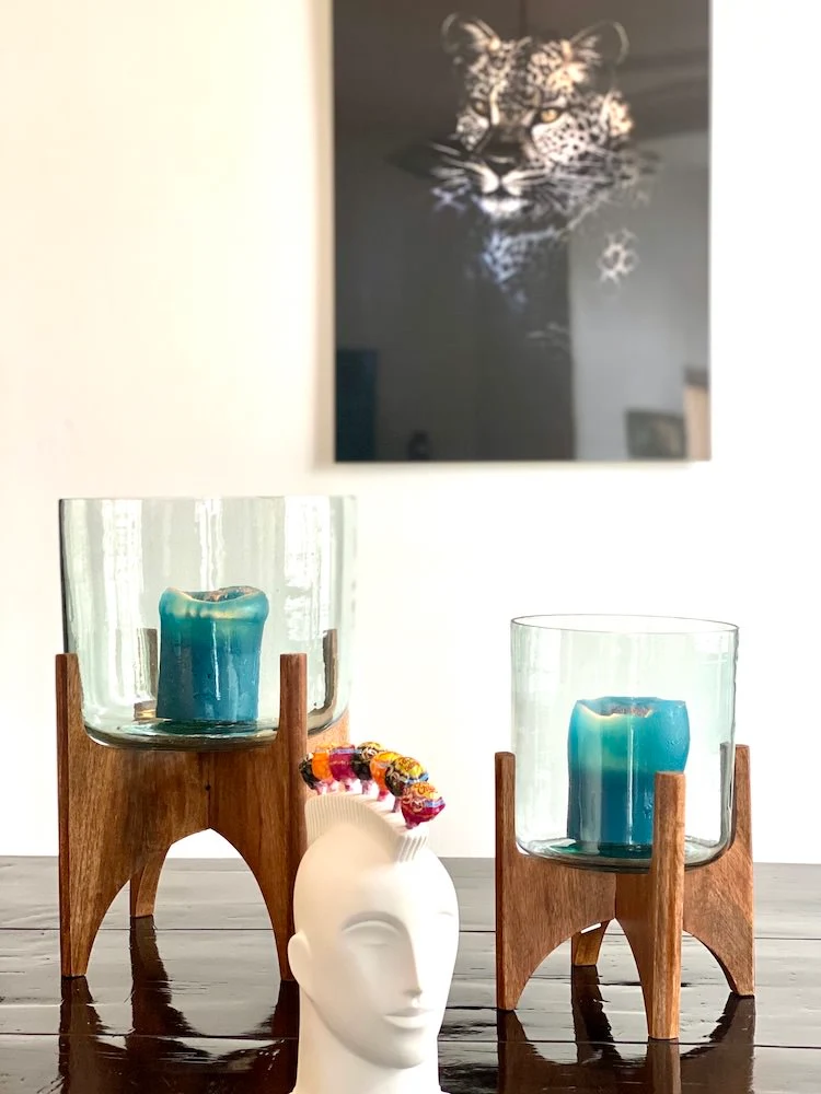 Vase auf Fuss JACE - Glas+Holz Ø22,5x33,5 cm