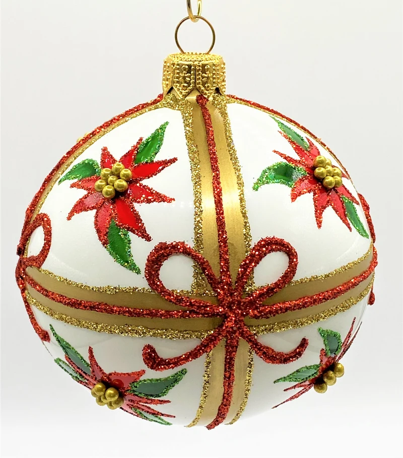 Weisse Kugel mit Weihnachtsstern und Schleifen-Dekor