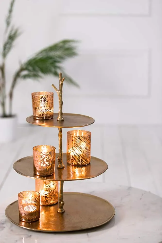 Teelichthalter PENZA Safari Glas Ziegelrot-gold 3er-Set