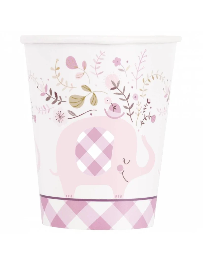 Geburtstagsbecher, weiß-rosa, Elefant, 266 ml, 8 Stück