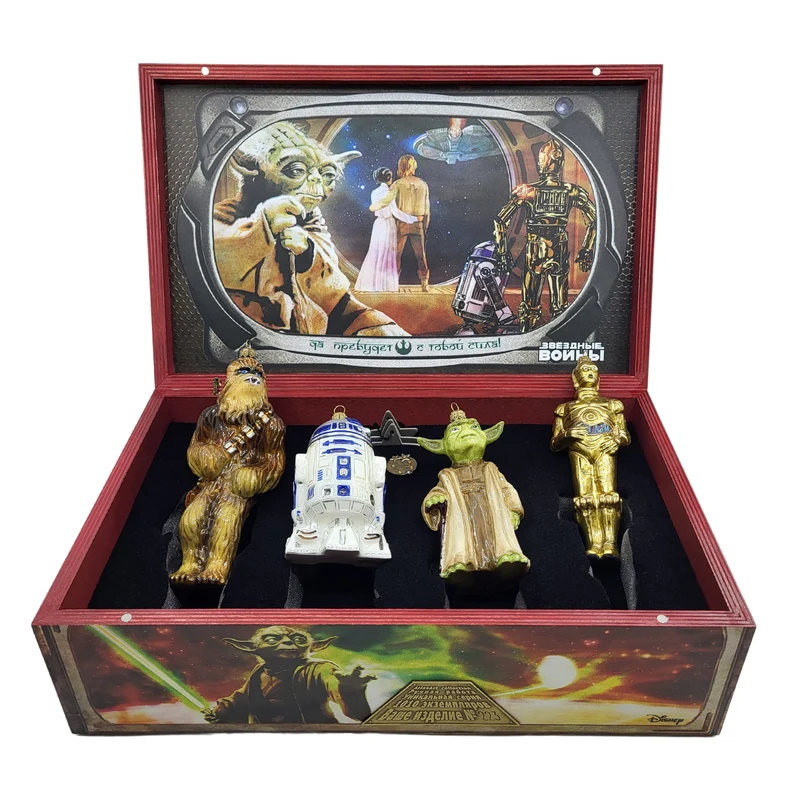 Master Yoda, Chewbacca, C-3PO und R2-D2 von Star Wars, 4er Set, in Holzbox