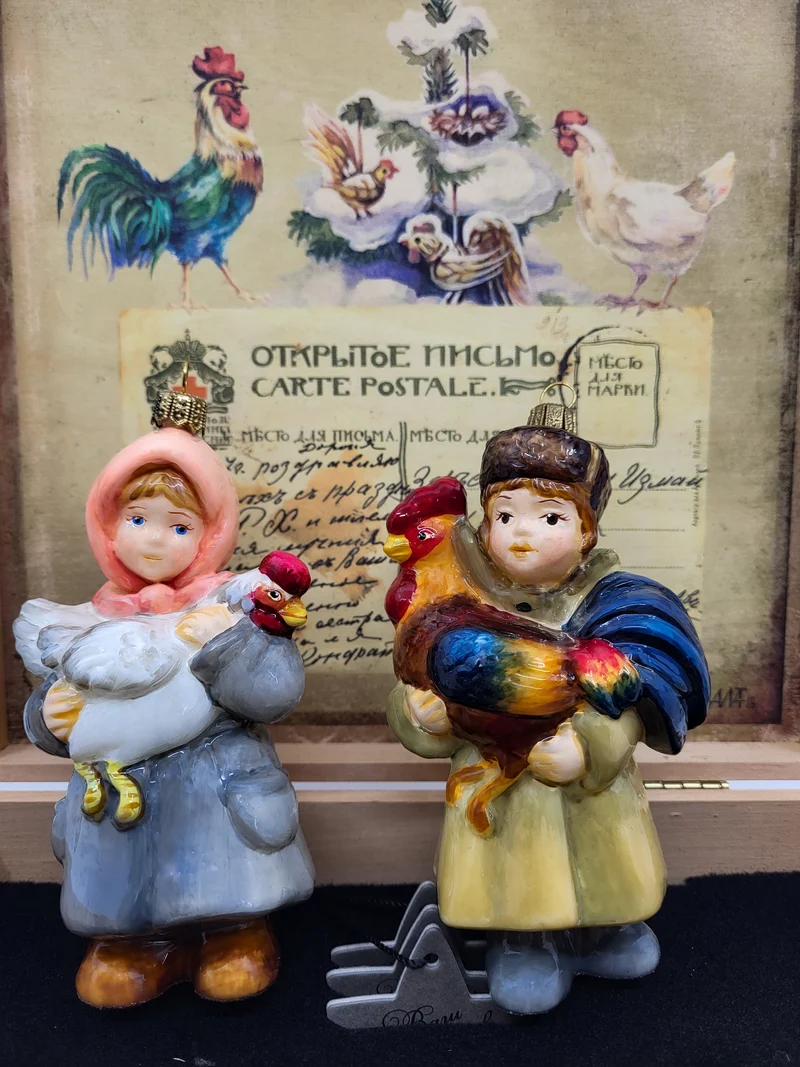 Junge mit Hahn und Mädchen mit Huhn, 2er Set, in Holzbox, AtlasArt