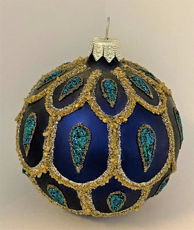 Kugel dunkelblau mit goldenem und blauem Glitterdekor in Tropfenform
