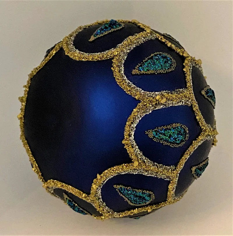 Kugel dunkelblau mit goldenem und blauem Glitterdekor in Tropfenform