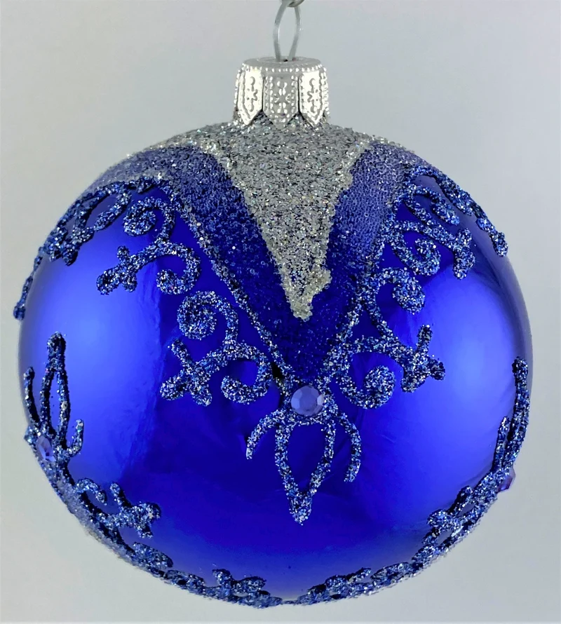Kugel dunkelblau mit silbernem und blauem Glitter Dekor